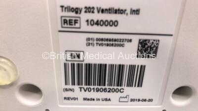 Philips Respironics Trilogy 202 Ventilator on Stand Software Version 14.2.04 - Operating Hours 179.3 with Hose (Powers Up) *Mfd 06/2019 * - 5