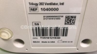 Philips Respironics Trilogy 202 Ventilator on Stand Software Version 14.01.03 - Operating Hours 675.3 with Hose (Powers Up) *Mfd 12/2019* - 4