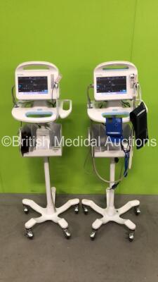 2 x Welch Allyn 6000 Series Vital Signs Patient Monitors on Stands with SpO2 Sensors, BP Hoses and Cuffs (Both Power Up) *103000933811 / 103000834712*