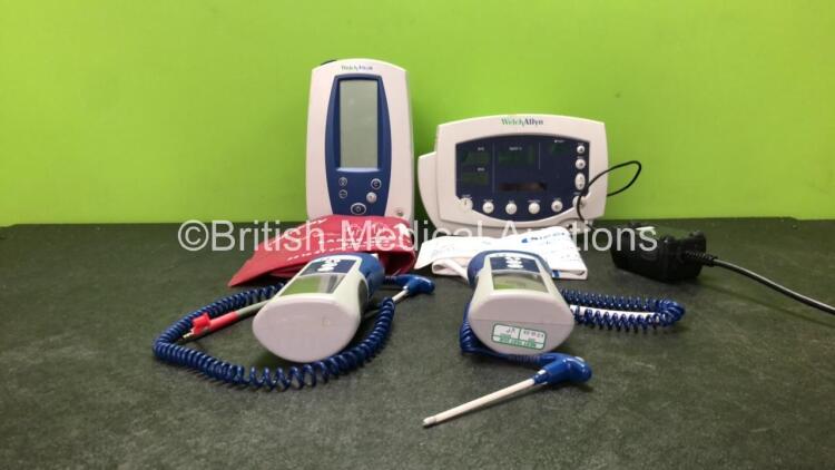 Mixed Lot Including 1 x Welch Allyn 53NOP Patient Monitor with 1 x AC Power Supply (Powers Up) 1 x Welch Allyn Spot Vital Signs Monitor (Powers Up) 2 x BP Cuffs and 2 x Covidien Filac ADA Thermometers (1 Powers Up, 1 No Power)