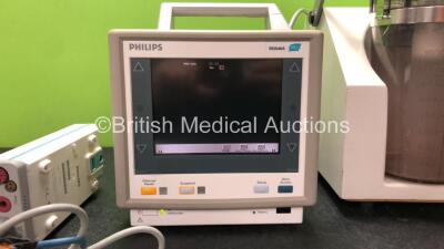 Mixed Lot Including 1 x Philips M3046A Patient Monitor with 1 x Philips M3000A Opt C06 Module Including ECG/Resp, SpO2, NBP, Temp and Press Options, 1 x ECG Connection Cable and 1 x SpO2 Connection Lead (Powers Up) 1 x Eschmann VP25 Suction Unit with 1 x - 2