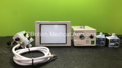 Mixed Lot Including 1 x Vital Signs Vital Flow 100 Valve, 1 x Spacelabs Medical Model 90369 Patient Monitor Including ECG, SpO2, T1-2, hlo1, hlo2, NIBP and Temp Options, with 1 x AC Power Supply (Powers Up with Blank Screen) 1 x Olympus CLK-4 Light Sourc