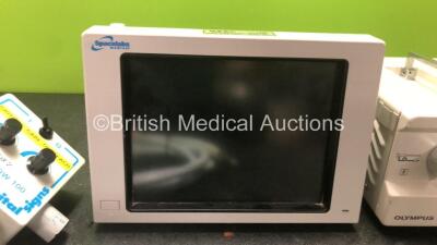 Mixed Lot Including 1 x Vital Signs Vital Flow 100 Valve, 1 x Spacelabs Medical Model 90369 Patient Monitor Including ECG, SpO2, T1-2, hlo1, hlo2, NIBP and Temp Options, with 1 x AC Power Supply (Powers Up with Blank Screen) 1 x Olympus CLK-4 Light Sourc - 2