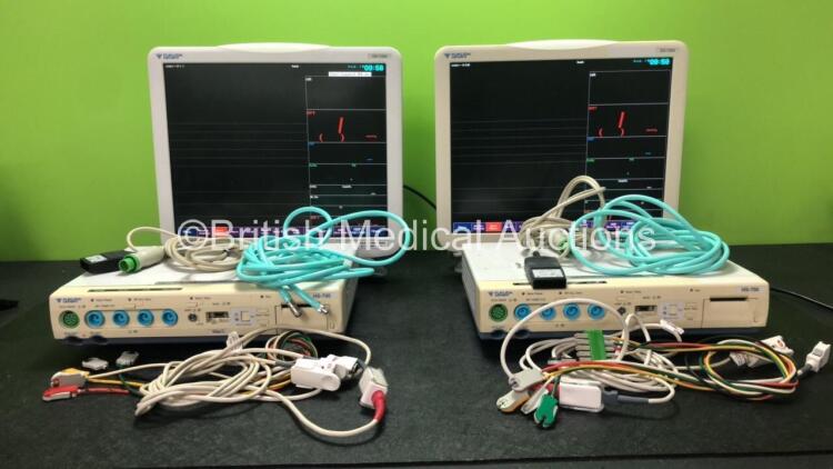 2 x Fukuda Denshi DS-7300 Patient Monitors with 2 x Fukuda Denshi US-700 Modules, 2 x NIBP Hoses, 2 x ECG Connection Leads, 2 x 5 Lead ECG Leads and 2 x SpO2 Finger Sensors (Both Power Up)