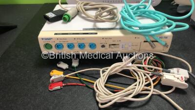 2 x Fukuda Denshi DS-7300 Patient Monitors with 2 x Fukuda Denshi US-700 Modules, 2 x NIBP Hoses, 2 x ECG Connection Leads, 2 x 5 Lead ECG Leads and 2 x SpO2 Finger Sensors (Both Power Up) - 3