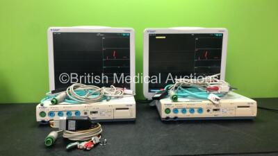 2 x Fukuda Denshi DS-7300 Patient Monitors with 2 x Fukuda Denshi US-700 Modules, 2 x NIBP Hoses, 2 x ECG Connection Leads, 1 x 5 Lead ECG Leads and 2 x SpO2 Finger Sensors (Both Power Up)