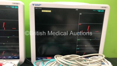 2 x Fukuda Denshi DS-7300 Patient Monitors with 2 x Fukuda Denshi US-700 Modules, 2 x NIBP Hoses, 2 x ECG Connection Leads, 1 x 5 Lead ECG Leads and 2 x SpO2 Finger Sensors (Both Power Up) - 2