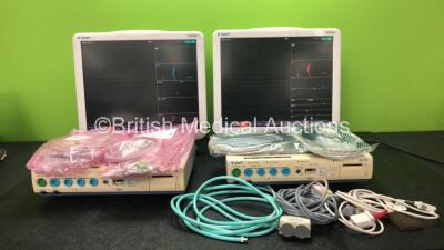 2 x Fukuda Denshi DS-7300 Patient Monitors with 2 x Fukuda Denshi US-700 Modules, 1 x NIBP Hose, 2 x ECG Connection Leads, 4 x GE Multilink ECG Cables, 2 x SpO2 Finger Sensors (Both Power Up)