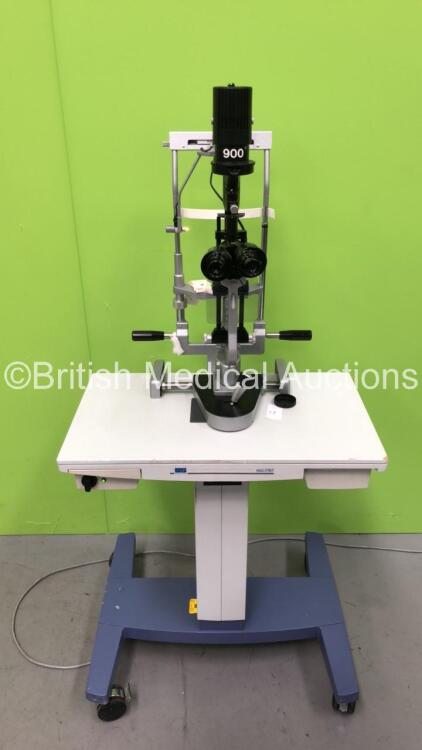 Haag Streit Bern 900 Slit Lamp on Stand with 2 x 10x Eyepieces, Binoculars and Chin Rest on Motorized Table (Powers Up with Some Damage - See Photos)