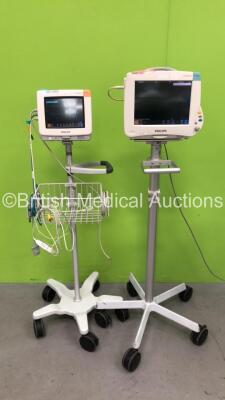 1 x Philips IntelliVue MP50 Neonatal Monitor with Philips M3001A Module on Stand and 1 x Philips IntelliVue MP5 Monitor on Stand with Leads (Both Power Up) DE820B4686 / DE21061753*