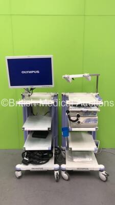 2 x Olympus Stack Trolleys with Olympus OEV261H Monitor, Keyboard, Olympus ECS-260 Connector Cable, Olympus MAJ-1154 Pigtail Connector, Olympus Evis Lucera CV-260SL Digital Processor and Olympus Evis Lucera CLV-260SL Light Source (All Power Up) *S/N 77220