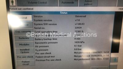 Maquet Servo-i Ventilator Ref 06487800 System Version v7.0 System Software Version v7.00.03 - Running Hours 72301 with Hoses (Powers Up) *S/N 33939* - 2