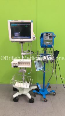 1 x Philips IntelliVue MP70 Anaesthesia Monitor on Stand with Philips Module Rack with 2 x VueLink Modules, 1 x Philips M3012A Multi Parameter Module with 2 x Press and 2 x Temp Options and 1 x Philips 862442 Multi Parameter Module with Press, Temp, NBP, 