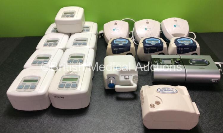 Job Lot Including 9 x DevilBiss Sleepcube Standard CPAP Units, 3 x AirMed 1000 Compressors, 3 x ResMed S8 Escape II CPAP Units, 1 x ResMed S9 Escape CPAP Unit with Power Supply and H5i Humidifier (Powers Up) 1 x Omron CXpro Compressor and 1 x Devilbiss Pu