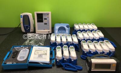 Mixed Lot Including 23 x Covidien Genius 2 Tympanic Thermometers with Bases (1 x Missing Casing - See Photos) 1 x Datex Ohmeda TruSat Oximeter, 1 x DMI Biosense Dual Channel EMG Biofeedback Device in Case, 1 x DevilBiss UltraNeb Unit, 1 x Welch Allyn Spot