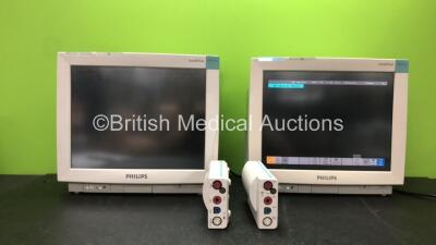 2 x Philips IntelliVue MP70 Patient Monitors with 1 x Philips M3001A Opt A01C18 Module Including ECG SpO2, NBP, Press and Temp Options and 1 x Philips M3001A Opt A01C12C06 Module Including ECG SpO2, NBP, Press and Temp Options (Both Power Up with Blank Di