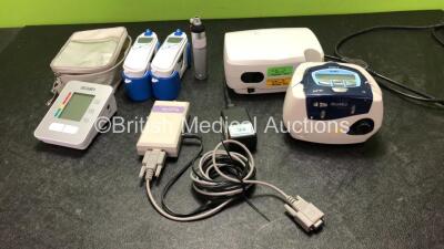 Mixed Lot Including 1 x Scian LD-575 BP Meter (Untested Due to Missing Batteries) 2 x Covidien Genius 3 Thermometer with Base Units (Both Power Up) 1 x PA 00199 Receiver with 1 x AC Power Supply (Powers Up) 1 x ResMed Escape CPAP Unit (Powers Up) 1 x Henl