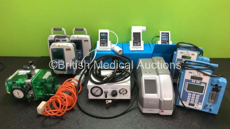 Mixed Lot Including 3 x Cardinal Health Alaris GP Infusion Pumps, 3 x Vitalograph 2120 Handheld Spirometers with 2 x Power Supplies, Docking Stations and Accessories (All Power Up) 2 x Alaris SE Pumps, 1 x Bird Mark 7A Respirator, 1 x DeSoutter Cast Cutte