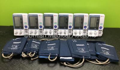 6 x Omron Intellisense HEM-907 Digital Blood Pressure Monitors with 12 x BP Cuffs and 6 x AC Power Supplies (All Power Up, 1 x Foreign Plug on Adapter - See Photos)