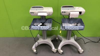 2 x GE Corometrics 170 Series Fetal Monitors on Stands with 2 x Finger Trigger Leads (Both Power Up - 1 x Damaged Printer Cover - See Photos)