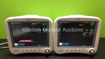 2 x GE Dash 4000 Patient Monitors 1 x with CO2, BP1, BP2, SPO2, Temp/Co, NBP and ECG Options and 1 x with CO2, BP1/3, BP2/4, SPO2, Temp/Co, NBP and ECG Options (Both Power Up, 1 x Slight Damage to Casing - See Photos)