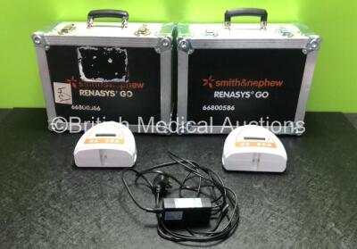 2 x Smith & Nephew Renasys Go Negative Pressure Wound Therapy Units with 1 x Power Supply and 2 x Cases (Both Power Up with Device Failed Message)