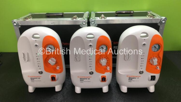 3 x Smith & Nephew Renasys EZ Max Negative Pressure Wound Therapy Units *Mfd 2017 / 2017 / 2013* and 2 x Cases (2 x Power Up, 1 x No Power, All with Damage to Casing, All Missing Cup Holders - See Photos)