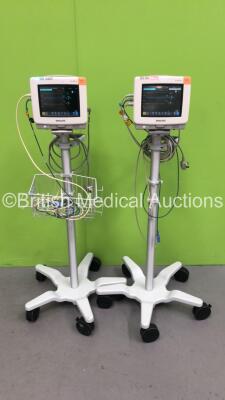 2 x Philips MP5 Anaesthesia Monitors on Stands with Selection of Leads (Both Power Up) *S/N DE53794327 / DE53794336*