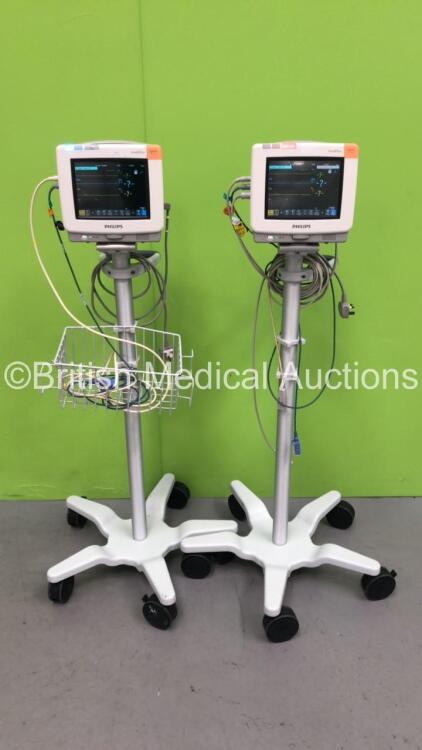 2 x Philips MP5 Anaesthesia Monitors on Stands with Selection of Leads (Both Power Up) *S/N DE53794327 / DE53794336*