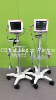 2 x Philips MP5 Anaesthesia Monitors on Stands with Selection of Leads (Both Power Up) *S/N DE91332644 / DE53794335*