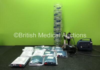 Mixed Lot Including 5 x Vax Sax200ML Cups (Missing Lids) 11 x Mindray CM1303 Bladderless Adult BP Cuffs *All Unused* 1 x PARI Boy Turbo Boy SX Nebulizer (No Power) 1 x RS 606-591 PCB Drill Stand with 1 x AC Power Supply (No Power Due to Faulty Power Suppl - 6