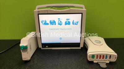 GE B450 Carescape Patient Monitor *Mfd 2015* (Powers Up with Damaged Casing, Missing Light Cover - See Photos) Including 1 x GE 2016793-002 Patient Data Module with ECG, Temp/CO, P1/P3, P2/P4, SpO2 and NIBP Options *Mfd 2015* and 1 x GE Type E-sCO-00 Modu