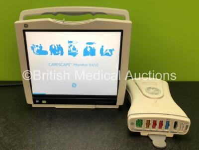 GE B450 Carescape Patient Monitor *Mfd 2017* (Powers Up with Damaged Casing, Missing Light Cover - See Photos) Including 1 x GE 2016793-002 Patient Data Module with ECG, Temp/CO, P1/P3, P2/P4, SpO2 and NIBP Options *Mfd 2015*