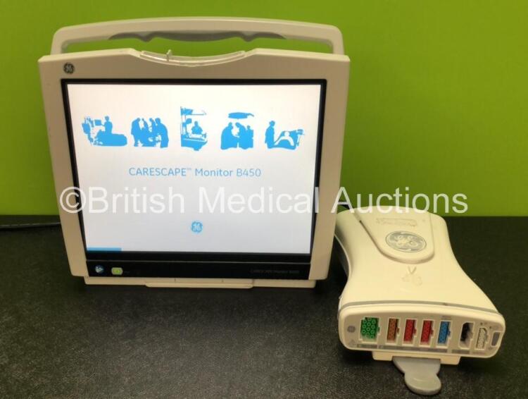 GE B450 Carescape Patient Monitor *Mfd 2017* (Powers Up with Damaged Casing, Missing Light Cover - See Photos) Including 1 x GE 2016793-002 Patient Data Module with ECG, Temp/CO, P1/P3, P2/P4, SpO2 and NIBP Options *Mfd 2015*