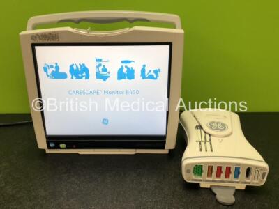 GE B450 Carescape Patient Monitor *Mfd 2015* (Powers Up with Damaged Casing, Missing Light Cover - See Photos) Including 1 x GE 2016793-002 Patient Data Module with ECG, Temp/CO, P1/P3, P2/P4, SpO2 and NIBP Options *Mfd 2013*