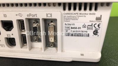 GE B450 Carescape Patient Monitor *Mfd 2015* (Powers Up with Damaged Casing, Missing Light Cover - See Photos) Including 1 x GE 2016793-002 Patient Data Module with ECG, Temp/CO, P1/P3, P2/P4, SpO2 and NIBP Options *Mfd 2013* - 5