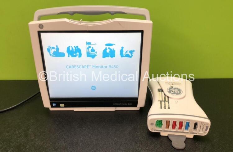 GE B450 Carescape Patient Monitor *Mfd 2015* (Powers Up with Damaged Casing, Missing Light Cover - See Photos) Including 1 x GE 2016793-002 Patient Data Module with ECG, Temp/CO, P1/P3, P2/P4, SpO2 and NIBP Options *Mfd 2013* (Missing Battery Cover - See