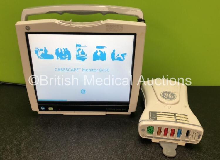 GE B450 Carescape Patient Monitor *Mfd 2015* (Powers Up with Damaged Casing, Missing Light Cover, Damaged Power Button - See Photos) Including 1 x GE 2016793-002 Patient Data Module with ECG, Temp/CO, P1/P3, P2/P4, SpO2 and NIBP Options *Mfd 2015*