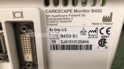 GE B450 Carescape Patient Monitor *Mfd 2015* (Powers Up with Damaged Casing, Missing Light Cover, Damaged Power Button - See Photos) Including 1 x GE 2016793-002 Patient Data Module with ECG, Temp/CO, P1/P3, P2/P4, SpO2 and NIBP Options *Mfd 2015* - 6