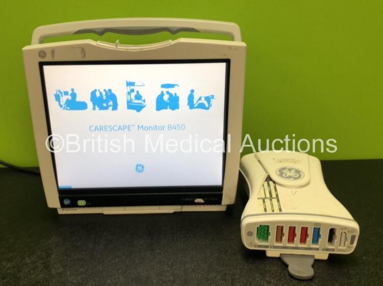 GE B450 Carescape Patient Monitor *Mfd 2015* (Powers Up with Damaged Casing, Missing Light Cover - See Photos) Including 1 x GE 2016793-002 Patient Data Module with ECG, Temp/CO, P1/P3, P2/P4, SpO2 and NIBP Options *Mfd 2013*