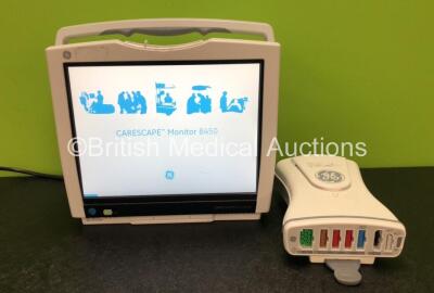 GE B450 Carescape Patient Monitor *Mfd 2015* (Powers Up with Damaged Casing, Missing Light Cover - See Photos) Including 1 x GE 2016793-002 Patient Data Module with ECG, Temp/CO, P1/P3, P2/P4, SpO2 and NIBP Options *Mfd 2015* (Missing Battery Cover - See