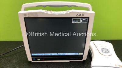 GE B450 Carescape Patient Monitor *Mfd 2015* (Powers Up with Damaged Casing, Missing Light Cover - See Photos) Including 1 x GE 2016793-002 Patient Data Module with ECG, Temp/CO, P1/P3, P2/P4, SpO2 and NIBP Options *Mfd 2015* - 2