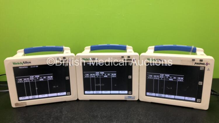 3 x Welch Allyn ProPaq CS Model 242 Patient Monitors with ECG/Resp,SpO2,NIBP,T1 and T2 Options with 3 x Power Supplies (All Power Up)