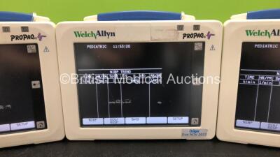 3 x Welch Allyn ProPaq CS Model 242 Patient Monitors with ECG/Resp,SpO2,NIBP,T1 and T2 Options with 3 x Power Supplies (All Power Up) - 3