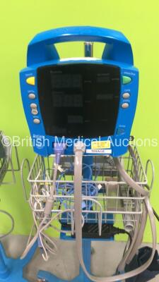 1 x GE Dinamap ProCare 300 Vital Signs Monitor on Stand with BP Hose (Missing 1 x Button) and 1 x GE Dinamap ProCare Auscultatory 300 Vital Signs Monitor on Stand with SPO2 Finger Sensor and BP Hose (1 x Powers Up) *S/N AAW05290261SA* - 3