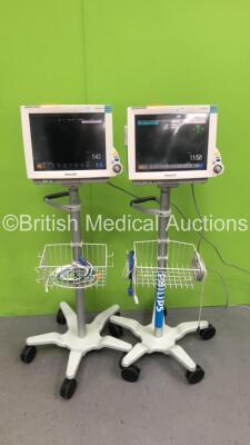 1 x Philips IntelliVue MP70 Patient Monitor on Stand with Philips M3001A Multiparameter Module with Press / Temp / NBP / SPO2 AND ECG/Resp Options (Powers Up) and 1 x Philips IntelliVue MP70 Neonatal Patient Monitor with Philips M3011A Multiparameter Modu