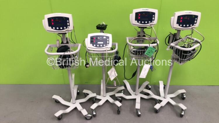 4 x Welch Allyn 53N00 Vital Signs Monitors on Stands (All Power Up - 1 x Damaged Mounting Point)