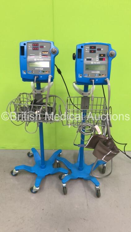 2 x GE Pro 400V2 Vital Signs Monitors on Stands with SPO2 Finger Sensors and BP Hoses (Both Power Up)