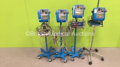 2 x GE Dinamap Pro 300V2 Vital Signs Monitor on Stands with SPO2 Finger Sensors and BP Hoses, 1 x GE Dinamap Pro 300V2 Vital Signs Monitor on Stand with SPO2 Finger Sensor and BP Hoses and 1 x GE Dinamap Critikon Pro 300 Vital Signs Monitor on Stand (All 