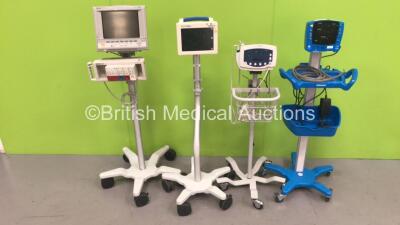 1 x GE Carescape V100 Vital Signs Monitor on Stand with BP Hose, 1 x Welch Allyn 53NT0 Vital Signs Monitor on Stand with BP Hose, 1 x Hewlett Packard Viridia 24C Patient Monitor on Stand with Module Rack with NBP / SPO2/Pleth / Press and ECG/Resp Modules